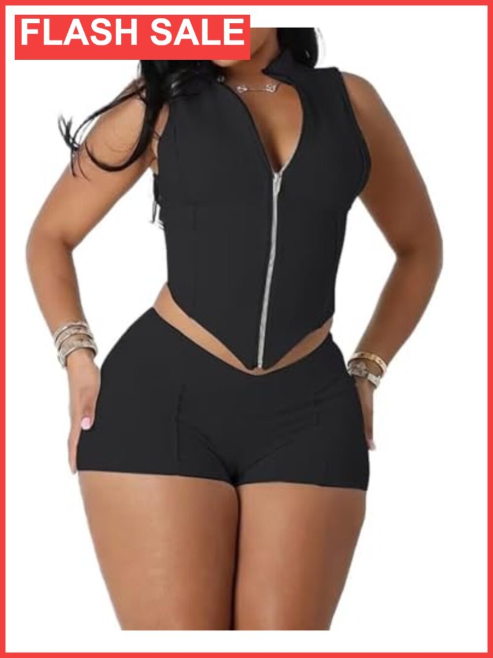 Sexy Two Piece Outfit Zip Up Crop Top Shorts Set Bodycon Clubwear